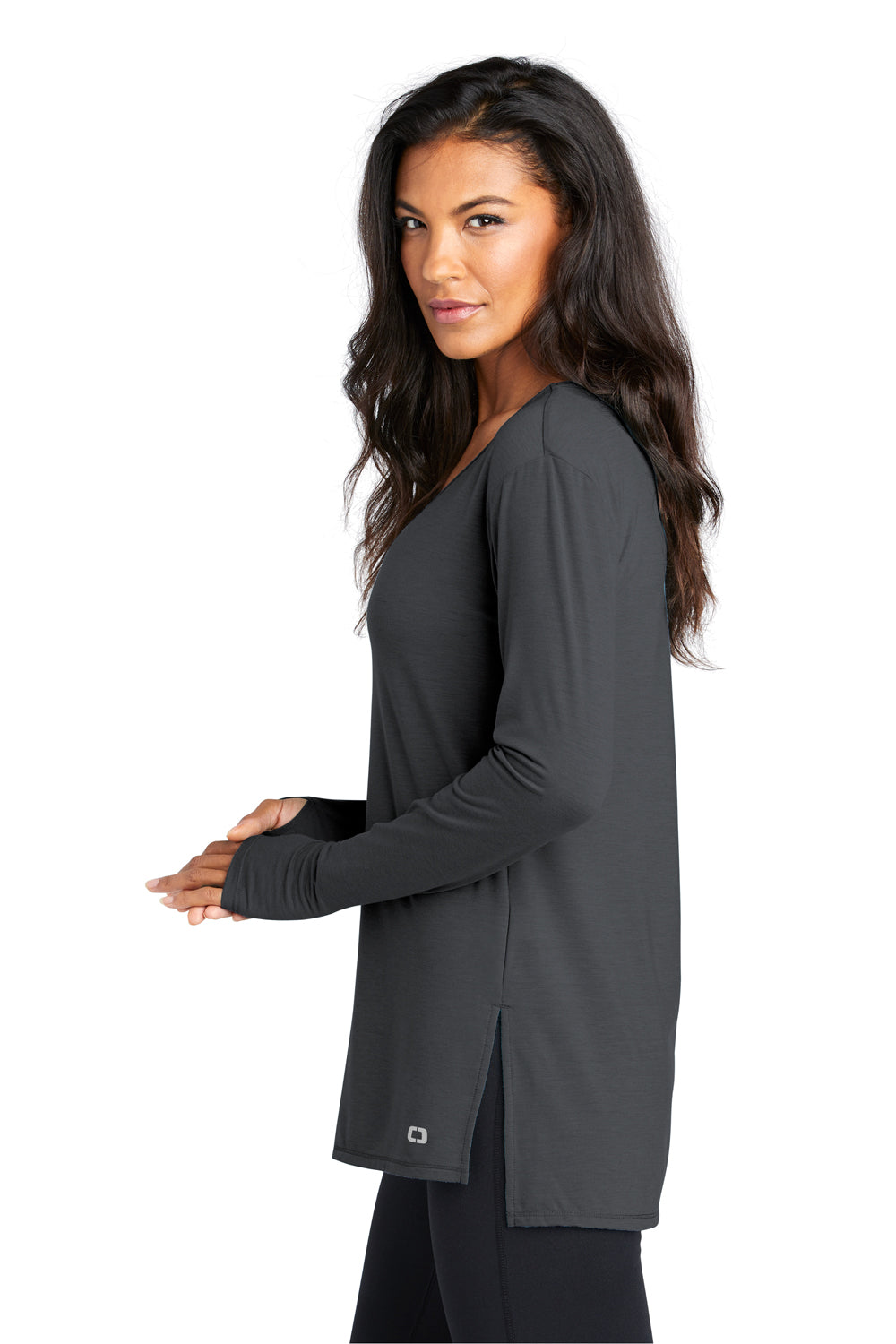 Ogio LOG802 Womens Luuma Jersey Moisture Wicking Long Sleeve Wide Neck T-Shirt Diesel Grey Side