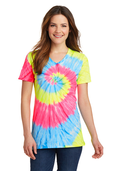 Port & Company LPC147V Womens Tie-Dye Short Sleeve V-Neck T-Shirt Neon Rainbow Front
