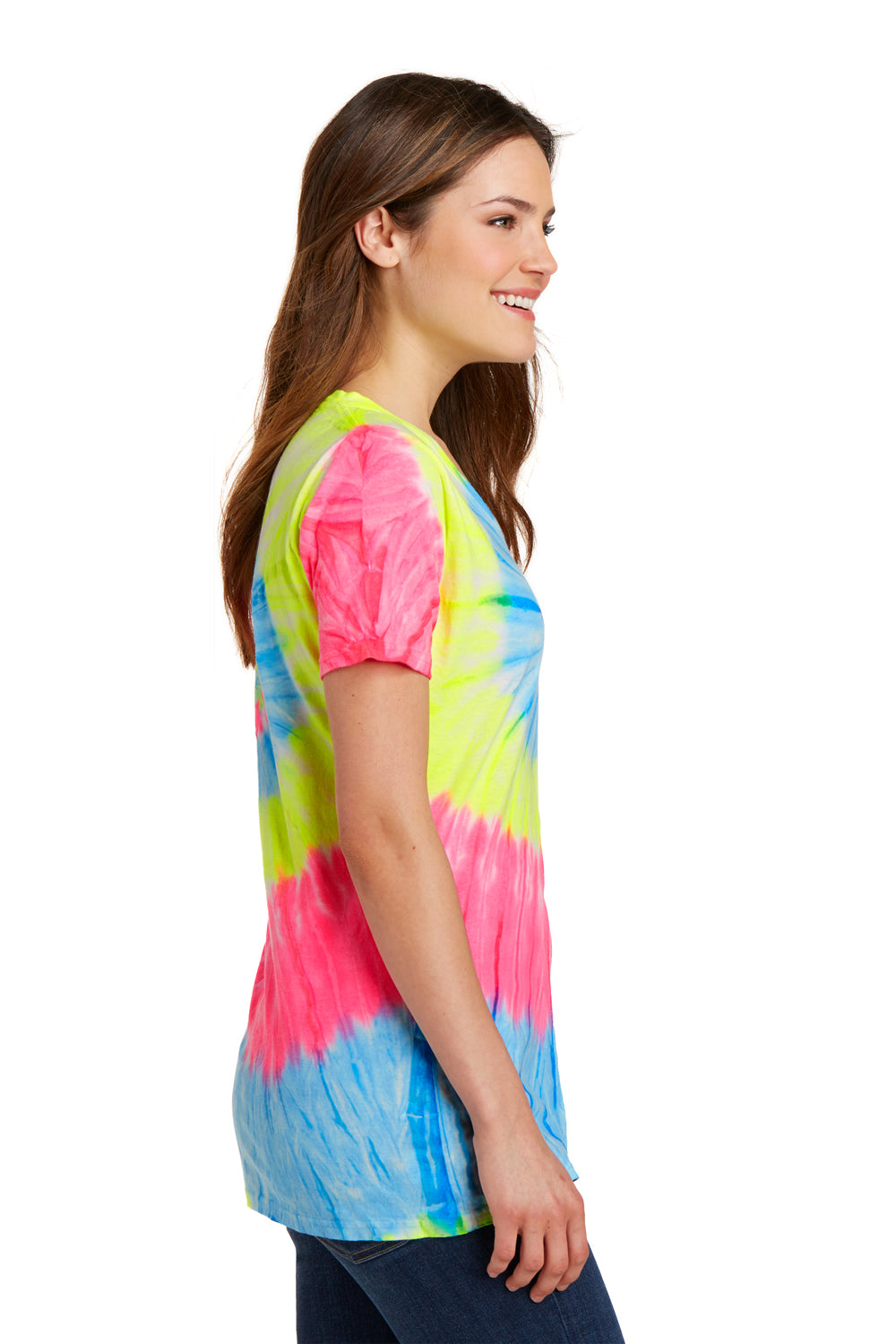 Port & Company LPC147V Womens Tie-Dye Short Sleeve V-Neck T-Shirt Neon Rainbow Side
