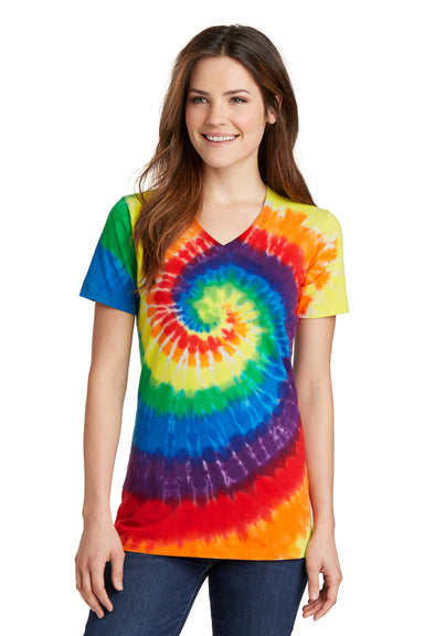 Port & Company LPC147V Womens Tie-Dye Short Sleeve V-Neck T-Shirt Rainbow Front
