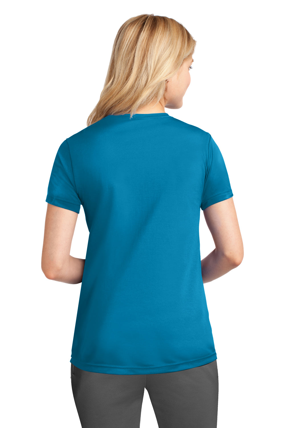 Port & Company LPC380 Womens Dry Zone Performance Moisture Wicking Short Sleeve Crewneck T-Shirt Neon Blue Back