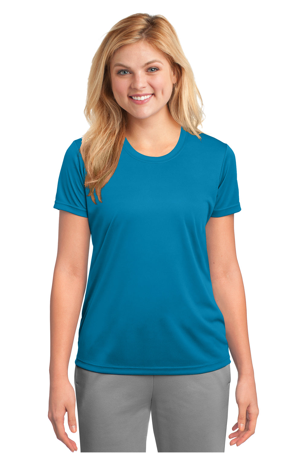 Port & Company LPC380 Womens Dry Zone Performance Moisture Wicking Short Sleeve Crewneck T-Shirt Neon Blue Front