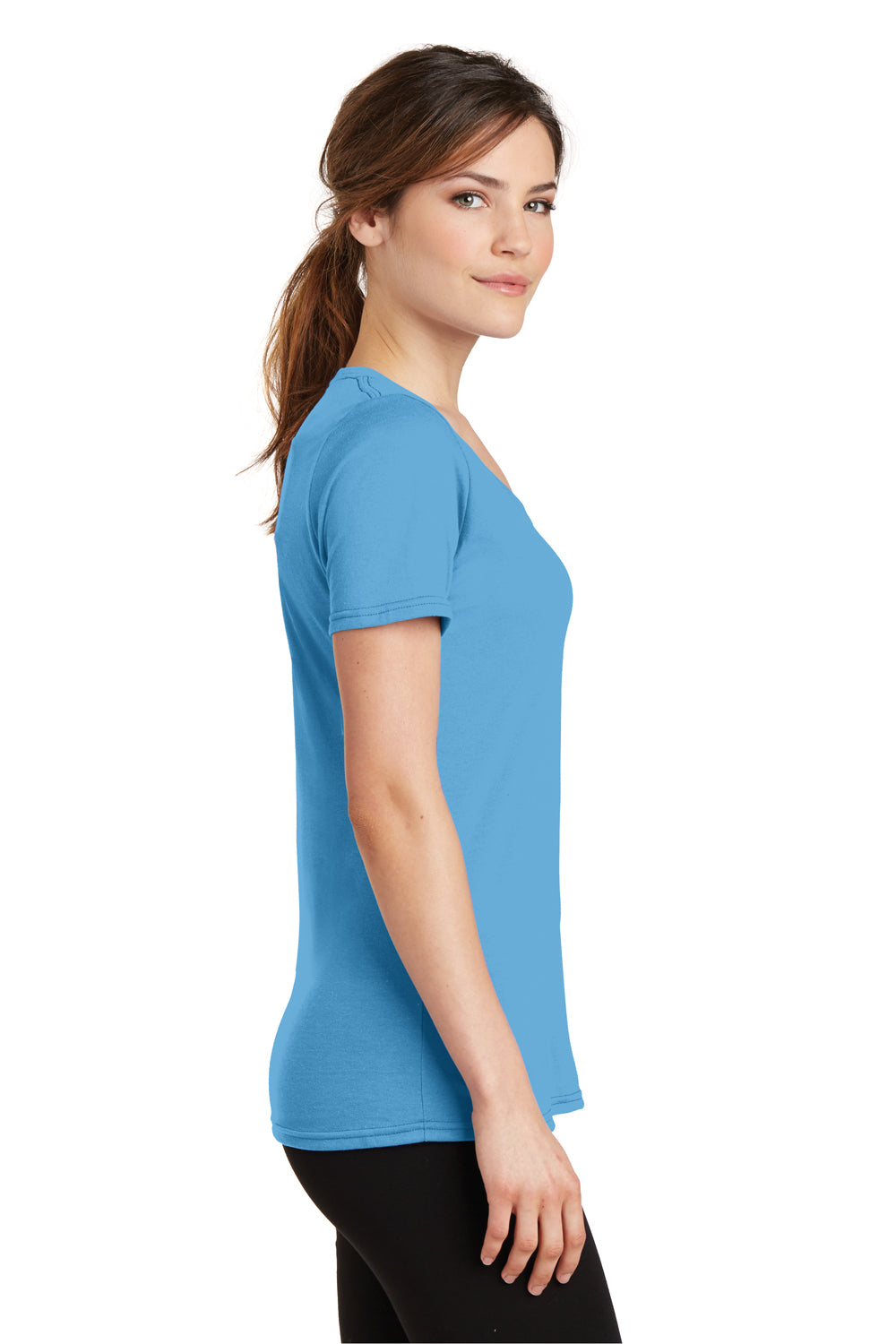 Port & Company LPC381V Womens Dry Zone Performance Moisture Wicking Short Sleeve V-Neck T-Shirt Aqua Blue Side