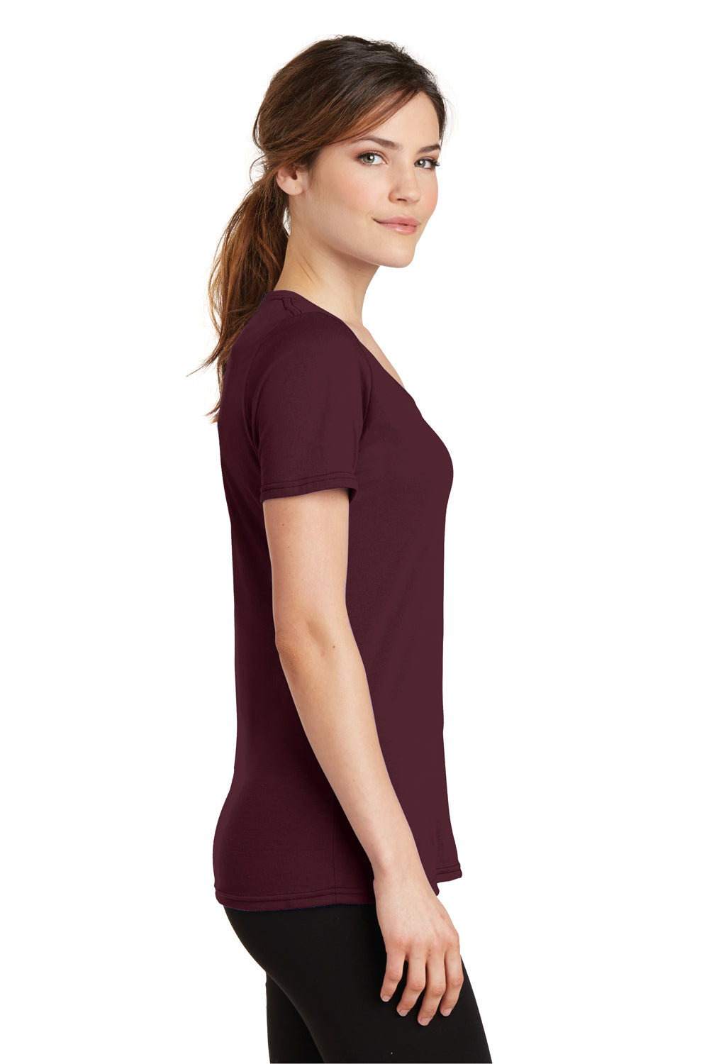 Port & Company LPC381V Womens Dry Zone Performance Moisture Wicking Short Sleeve V-Neck T-Shirt Maroon Side