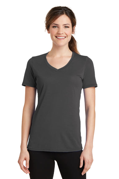Port & Company LPC381V Womens Dry Zone Performance Moisture Wicking Short Sleeve V-Neck T-Shirt Charcoal Grey Front
