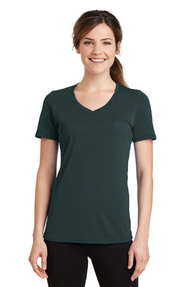 Port & Company LPC381V Womens Dry Zone Performance Moisture Wicking Short Sleeve V-Neck T-Shirt Dark Green Front