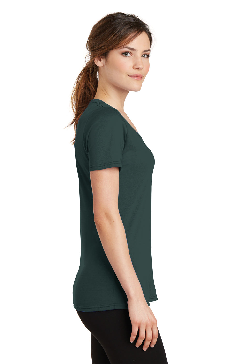Port & Company LPC381V Womens Dry Zone Performance Moisture Wicking Short Sleeve V-Neck T-Shirt Dark Green Side