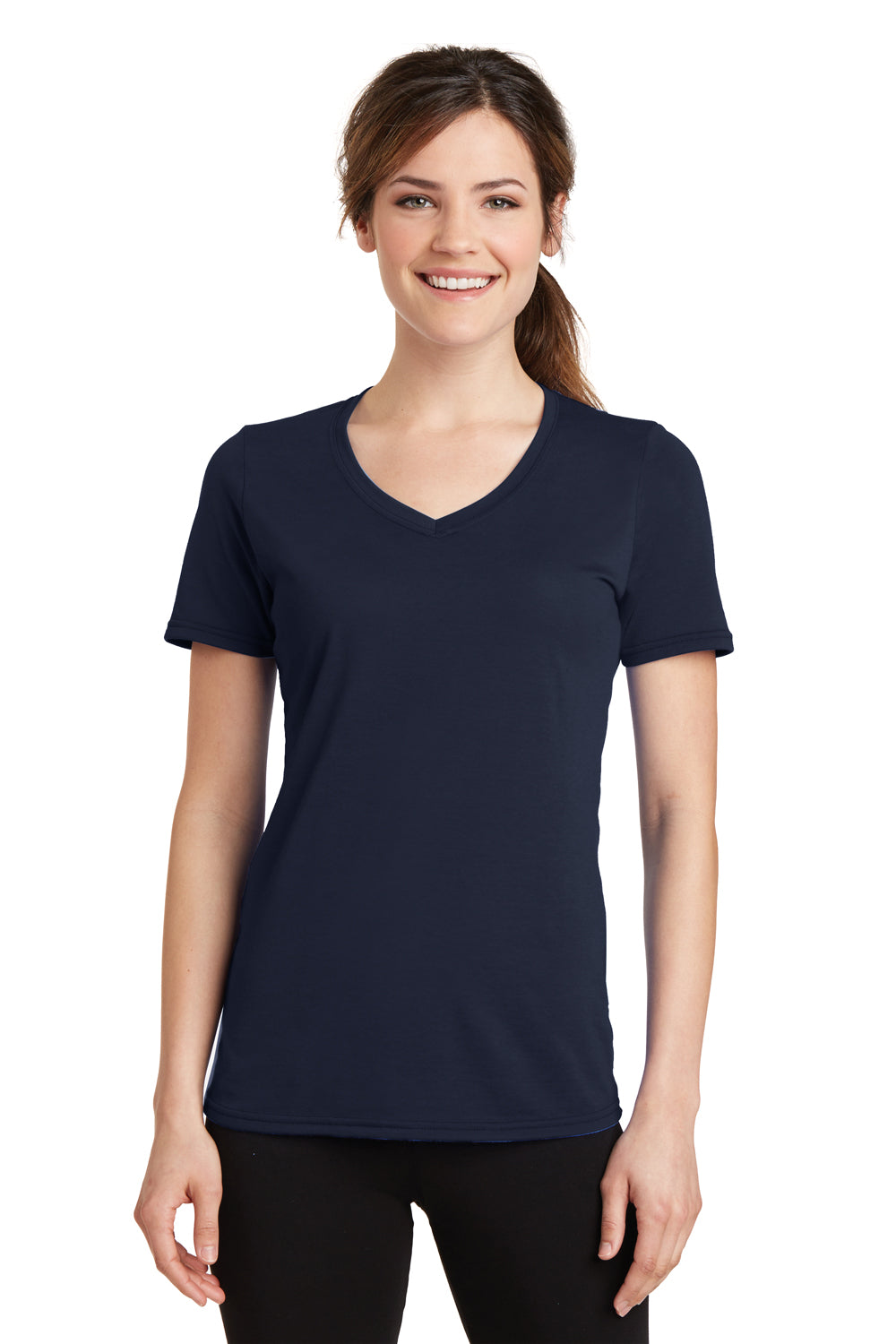 Port & Company LPC381V Womens Dry Zone Performance Moisture Wicking Short Sleeve V-Neck T-Shirt Navy Blue Front
