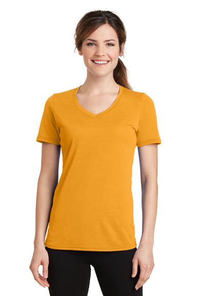 Port & Company LPC381V Womens Dry Zone Performance Moisture Wicking Short Sleeve V-Neck T-Shirt Gold Front