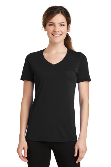 Port & Company LPC381V Womens Dry Zone Performance Moisture Wicking Short Sleeve V-Neck T-Shirt Black Front