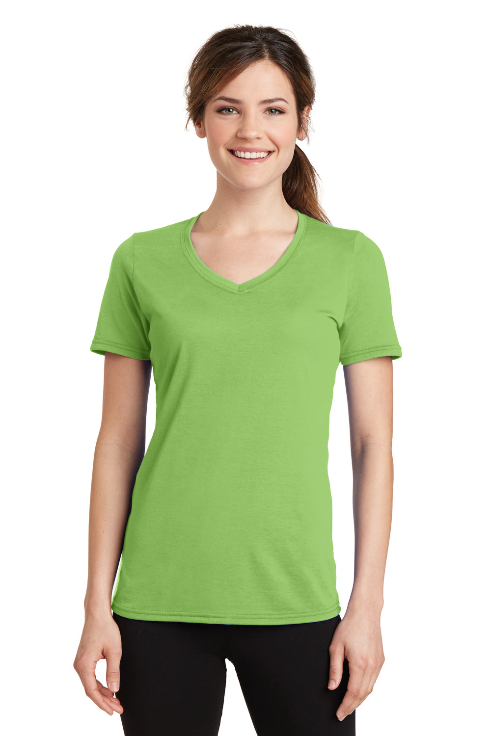 Port & Company LPC381V Womens Dry Zone Performance Moisture Wicking Short Sleeve V-Neck T-Shirt Lime Green Front