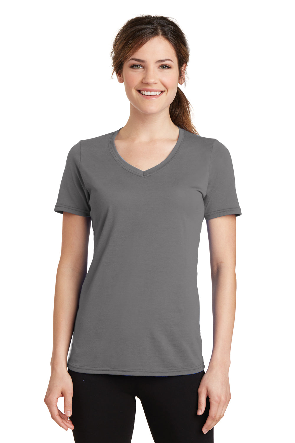Port & Company LPC381V Womens Dry Zone Performance Moisture Wicking Short Sleeve V-Neck T-Shirt Medium Grey Front