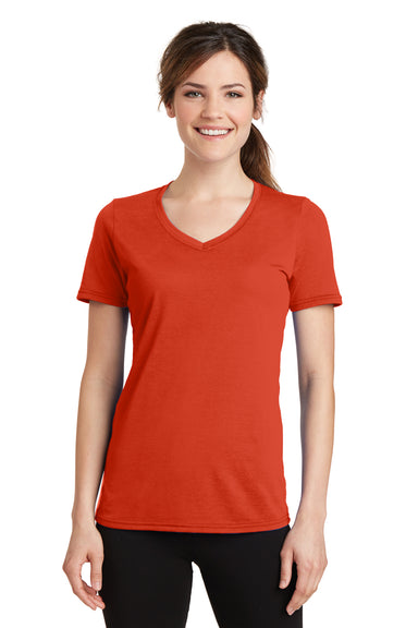 Port & Company LPC381V Womens Dry Zone Performance Moisture Wicking Short Sleeve V-Neck T-Shirt Orange Front