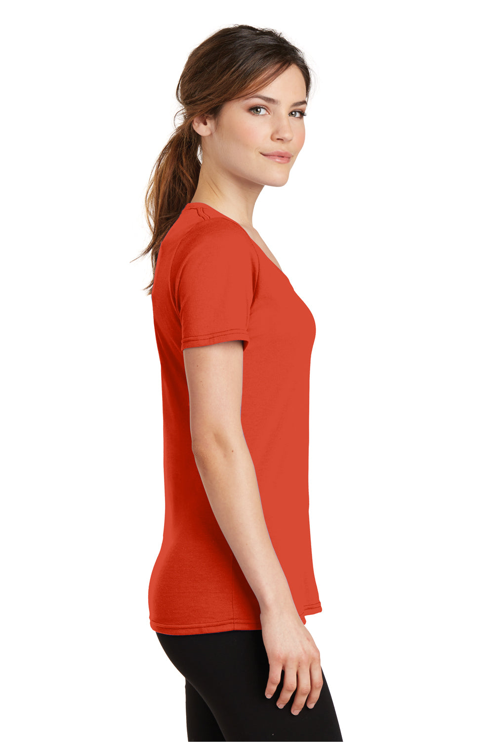 Port & Company LPC381V Womens Dry Zone Performance Moisture Wicking Short Sleeve V-Neck T-Shirt Orange Side