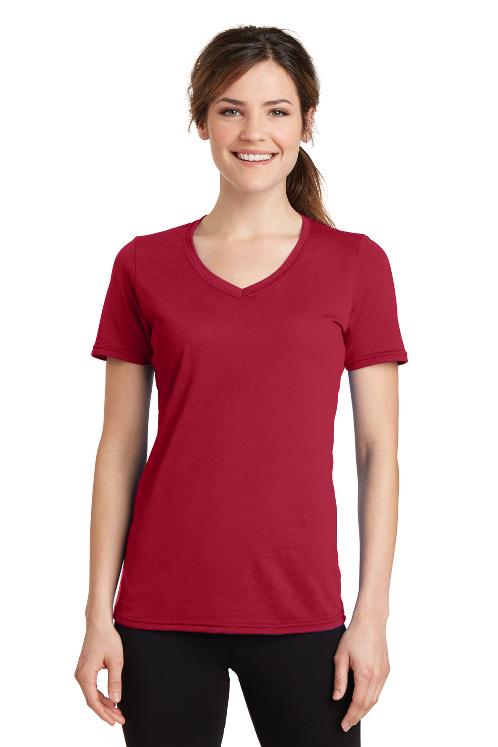 Port & Company LPC381V Womens Dry Zone Performance Moisture Wicking Short Sleeve V-Neck T-Shirt Red Front