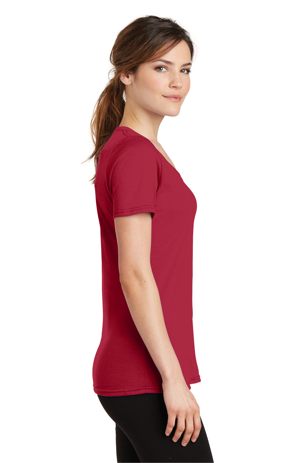 Port & Company LPC381V Womens Dry Zone Performance Moisture Wicking Short Sleeve V-Neck T-Shirt Red Side