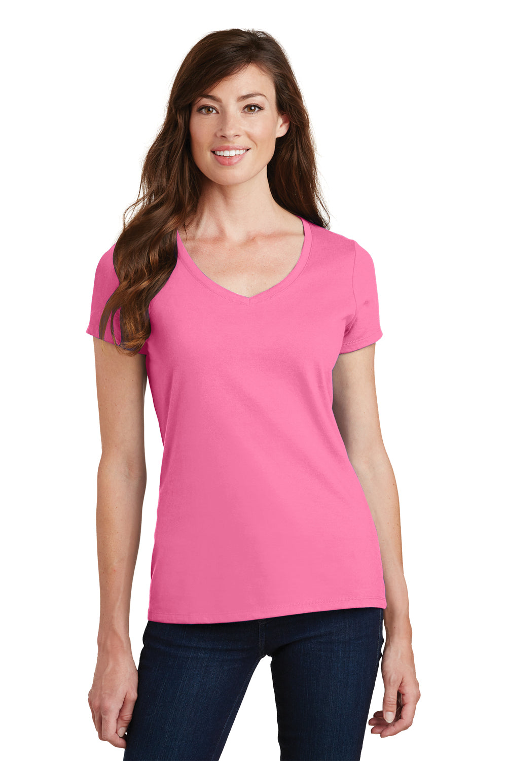 Port & Company LPC450V Womens Fan Favorite Short Sleeve V-Neck T-Shirt Pink Front