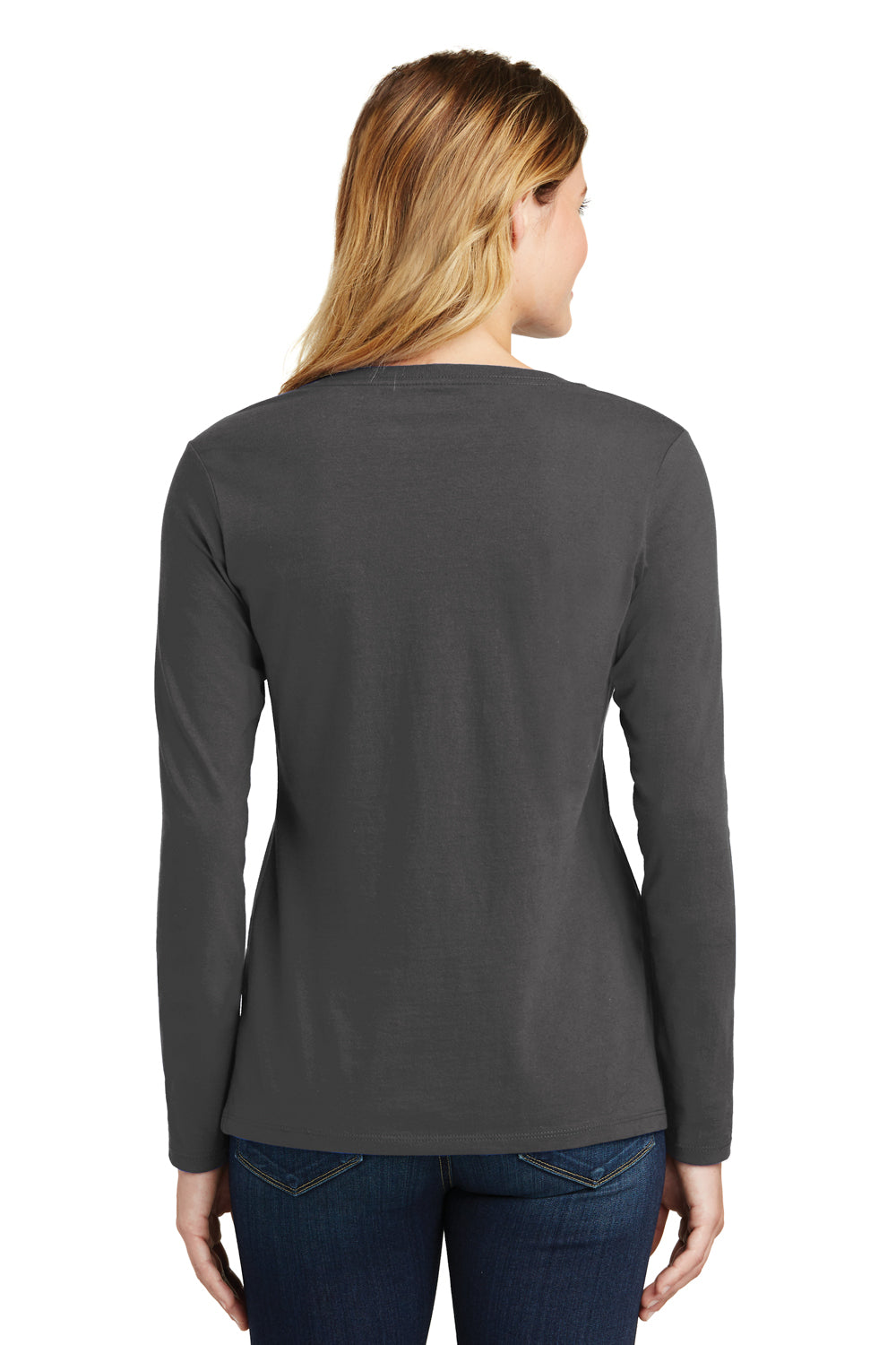 Port & Company LPC450VLS Womens Fan Favorite Long Sleeve V-Neck T-Shirt Charcoal Grey Back