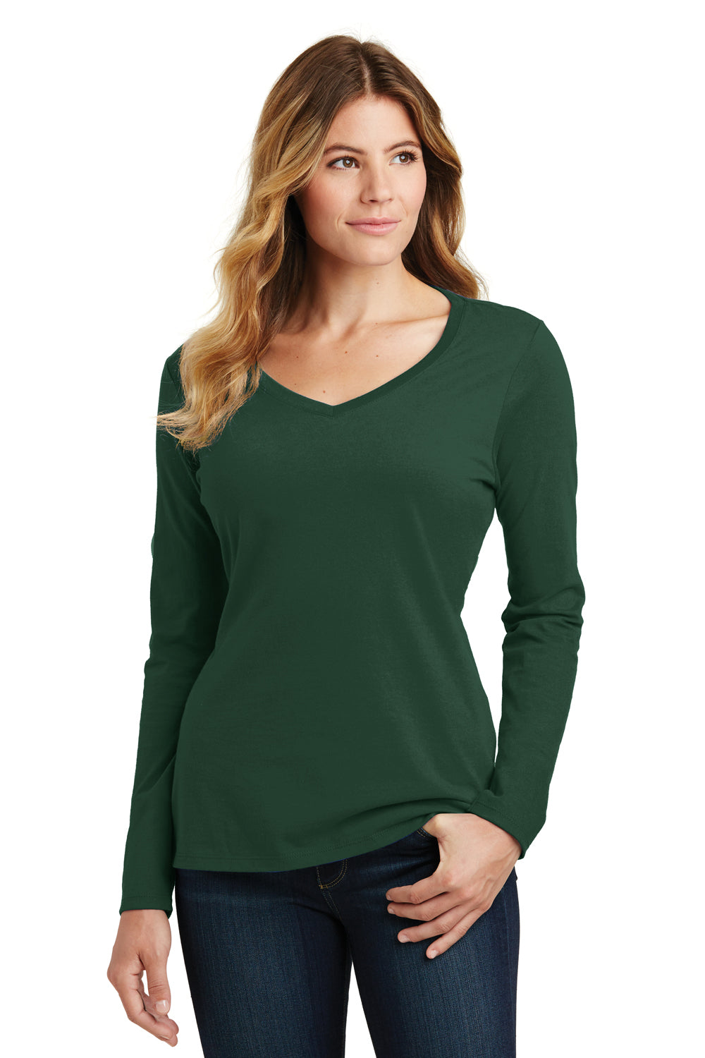 Port & Company LPC450VLS Womens Fan Favorite Long Sleeve V-Neck T-Shirt Forest Green Front
