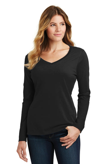 Port & Company LPC450VLS Womens Fan Favorite Long Sleeve V-Neck T-Shirt Black Front
