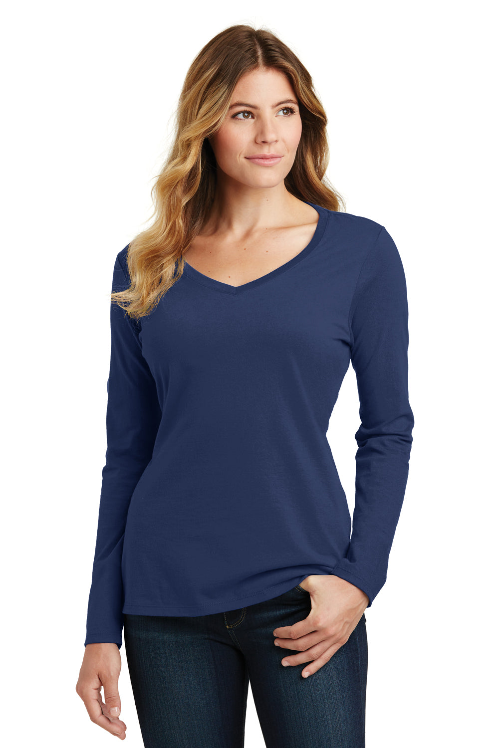 Port & Company LPC450VLS Womens Fan Favorite Long Sleeve V-Neck T-Shirt Navy Blue Front