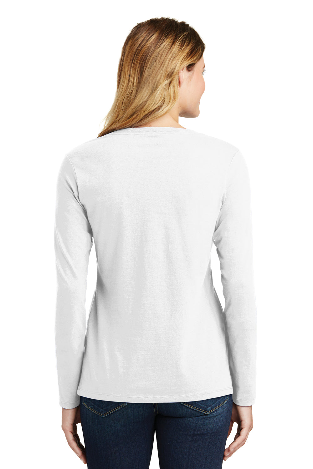 Port & Company LPC450VLS Womens Fan Favorite Long Sleeve V-Neck T-Shirt White Back