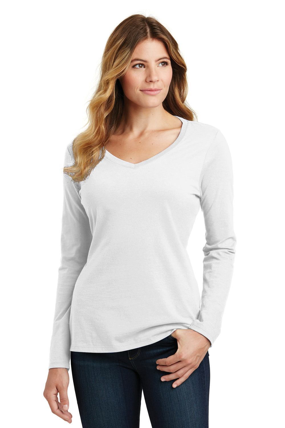 Port & Company LPC450VLS Womens Fan Favorite Long Sleeve V-Neck T-Shirt White Front