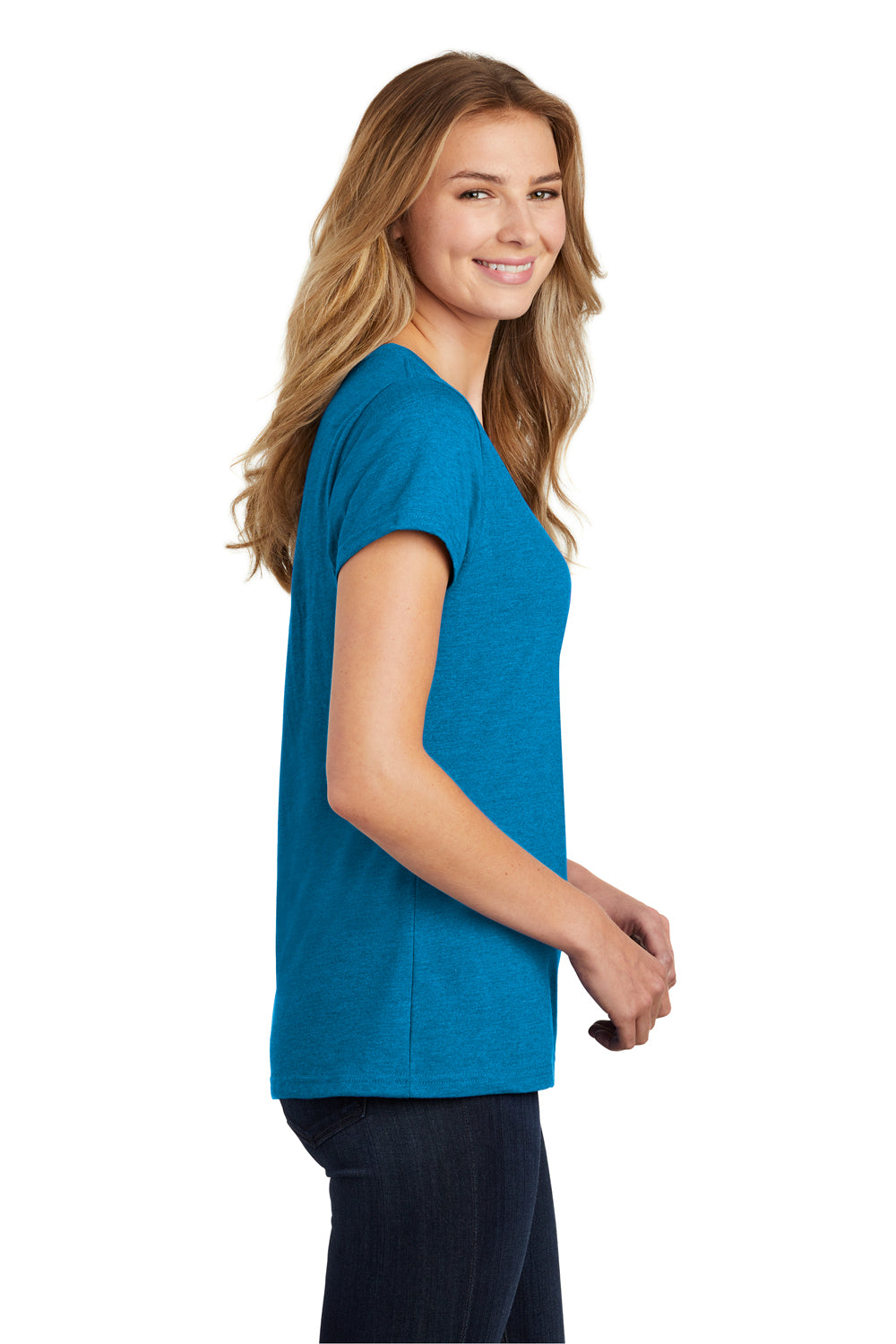 Port & Company LPC455V Womens Fan Favorite Short Sleeve V-Neck T-Shirt Heather Sapphire Blue Side