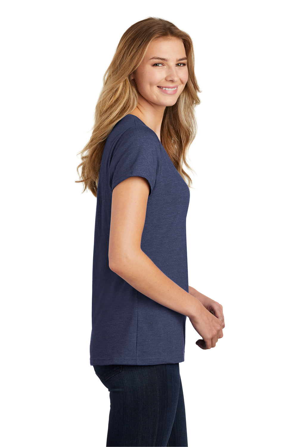 Port & Company LPC455V Womens Fan Favorite Short Sleeve V-Neck T-Shirt Heather Navy Blue Side