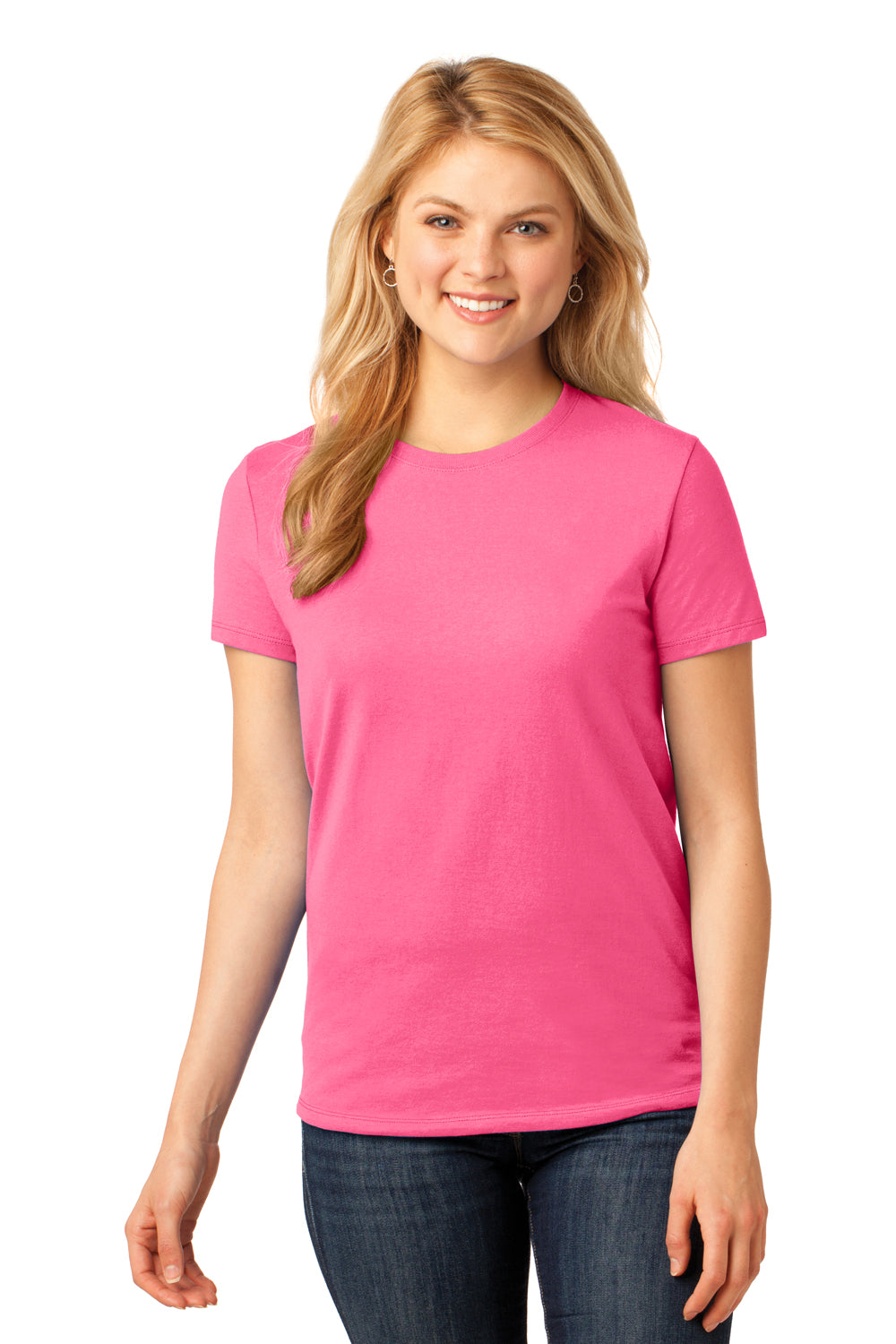 Port & Company LPC54 Womens Core Short Sleeve Crewneck T-Shirt Neon Pink Front