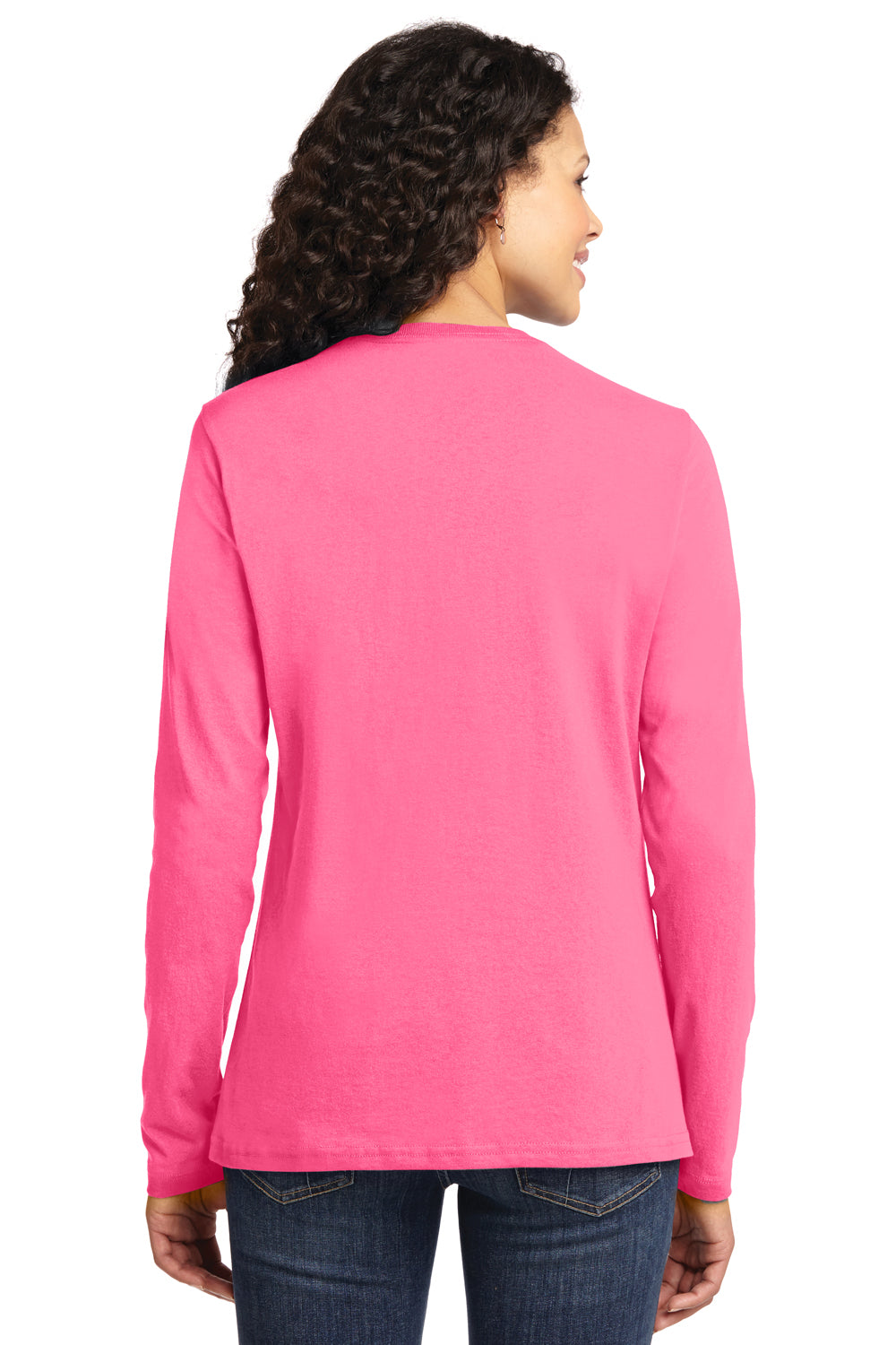 Port & Company LPC54LS Womens Core Long Sleeve Crewneck T-Shirt Neon Pink Back