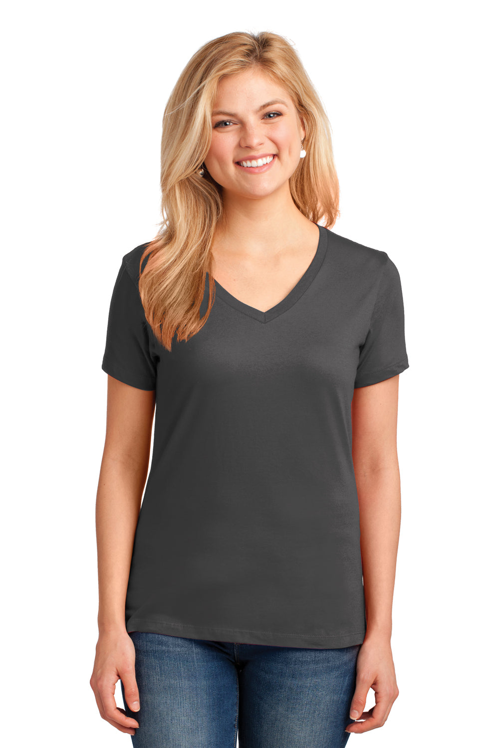 Port & Company LPC54V Womens Core Short Sleeve V-Neck T-Shirt Charcoal Grey Front