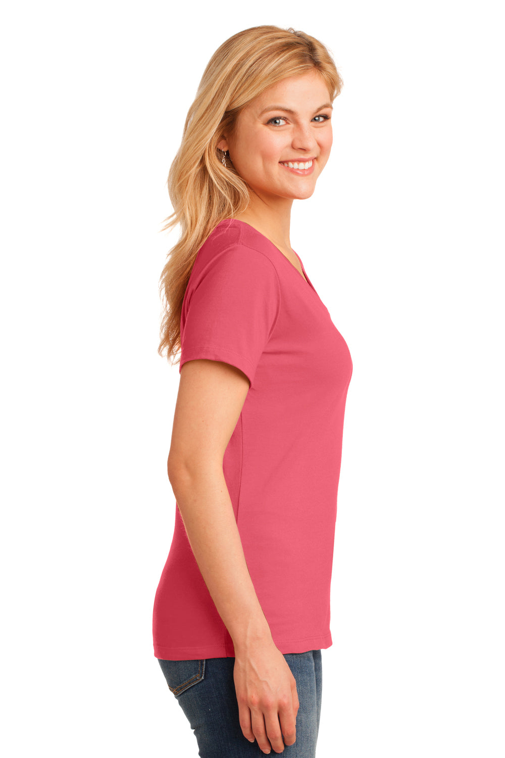 Port & Company LPC54V Womens Core Short Sleeve V-Neck T-Shirt Coral Pink Side