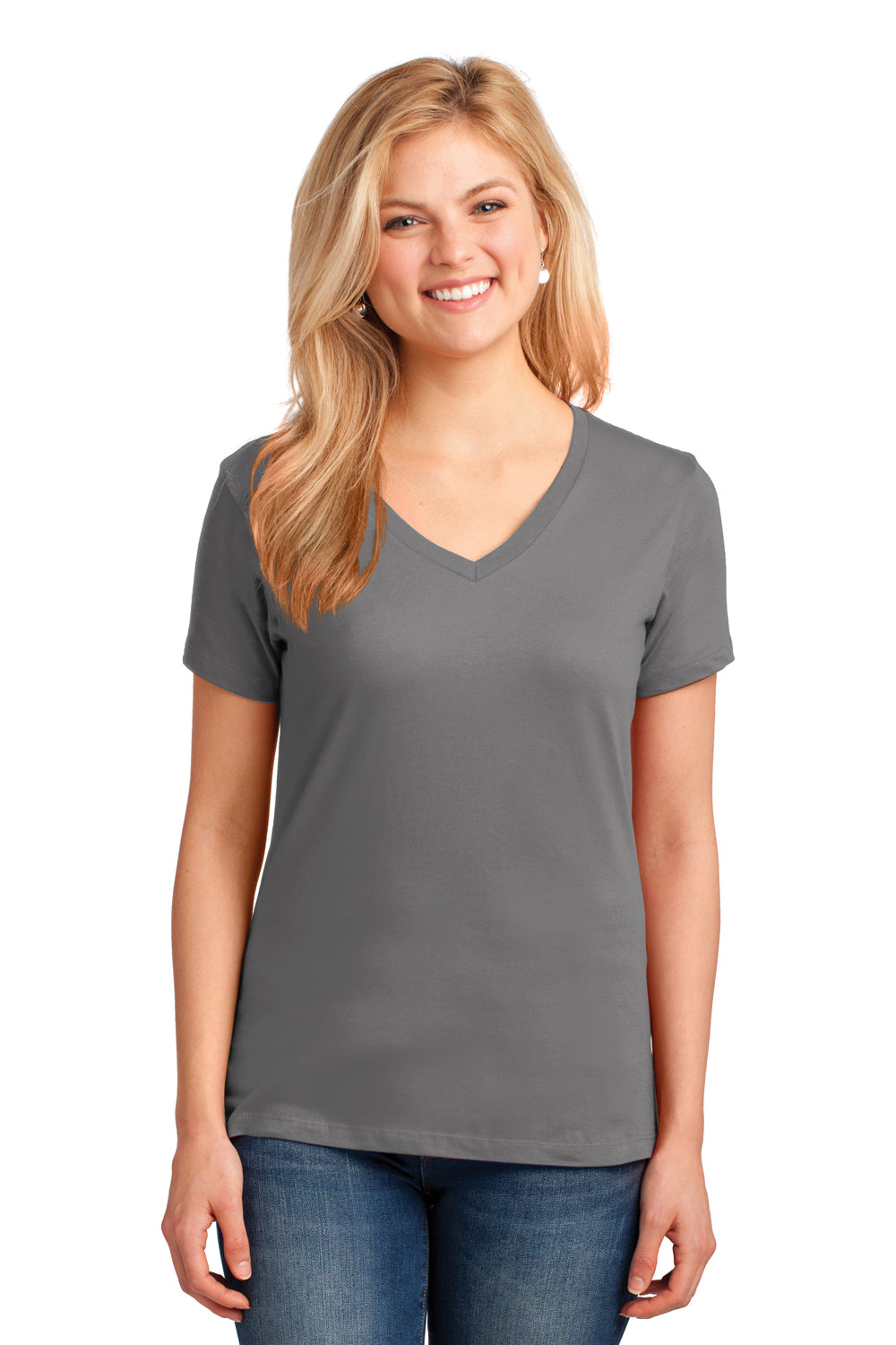 Port & Company LPC54V Womens Core Short Sleeve V-Neck T-Shirt Medium Grey Front