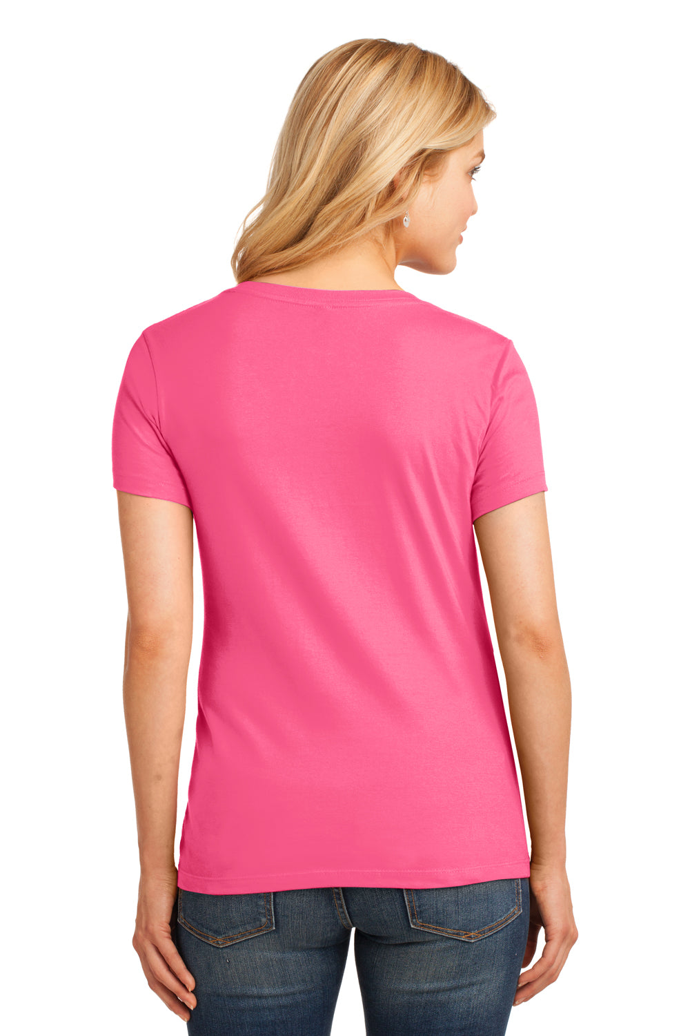 Port & Company LPC54V Womens Core Short Sleeve V-Neck T-Shirt Neon Pink Back