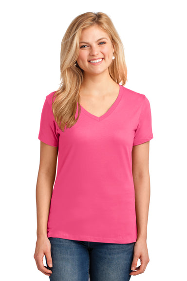 Port & Company LPC54V Womens Core Short Sleeve V-Neck T-Shirt Neon Pink Front