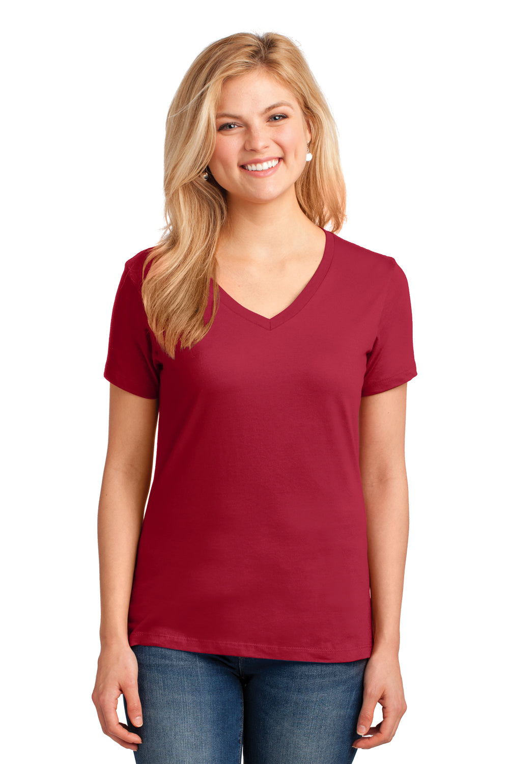 Port & Company LPC54V Womens Core Short Sleeve V-Neck T-Shirt Red Front