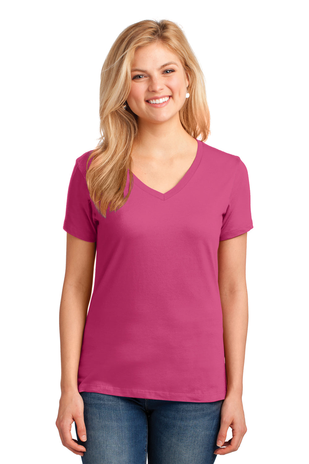 Port & Company LPC54V Womens Core Short Sleeve V-Neck T-Shirt Sangria Pink Front