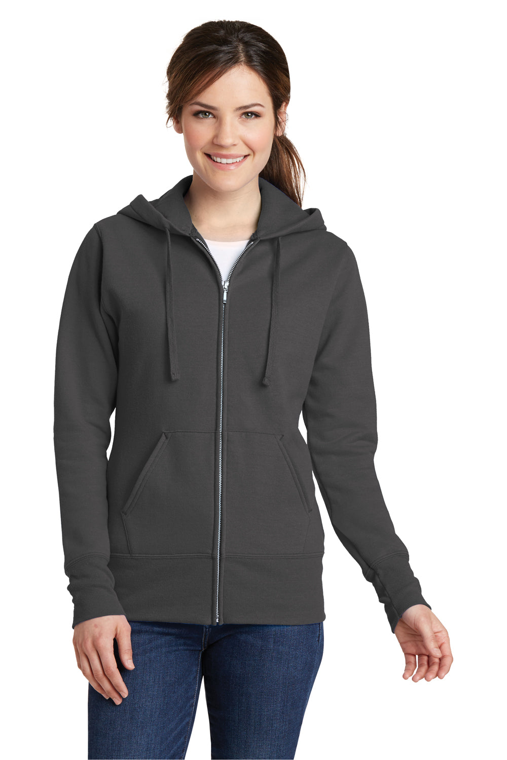 Port & Company LPC78ZH Womens Core Fleece Full Zip Hooded Sweatshirt Hoodie Charcoal Grey Front