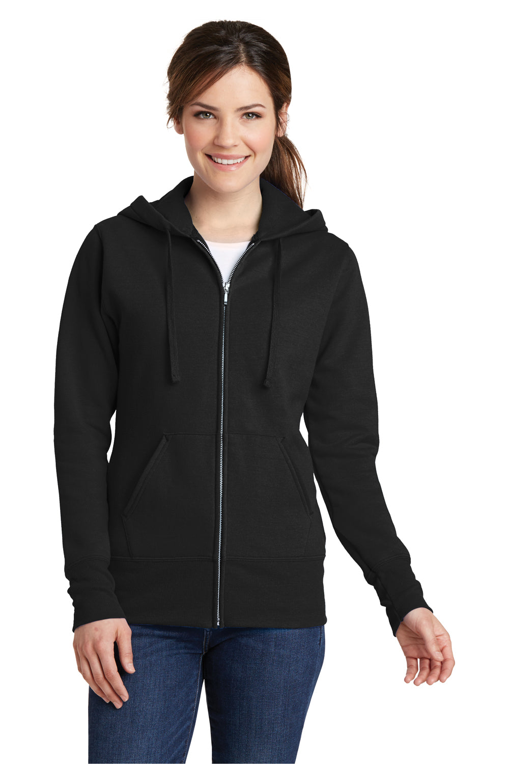 Port & Company LPC78ZH Womens Core Fleece Full Zip Hooded Sweatshirt Hoodie Black Front