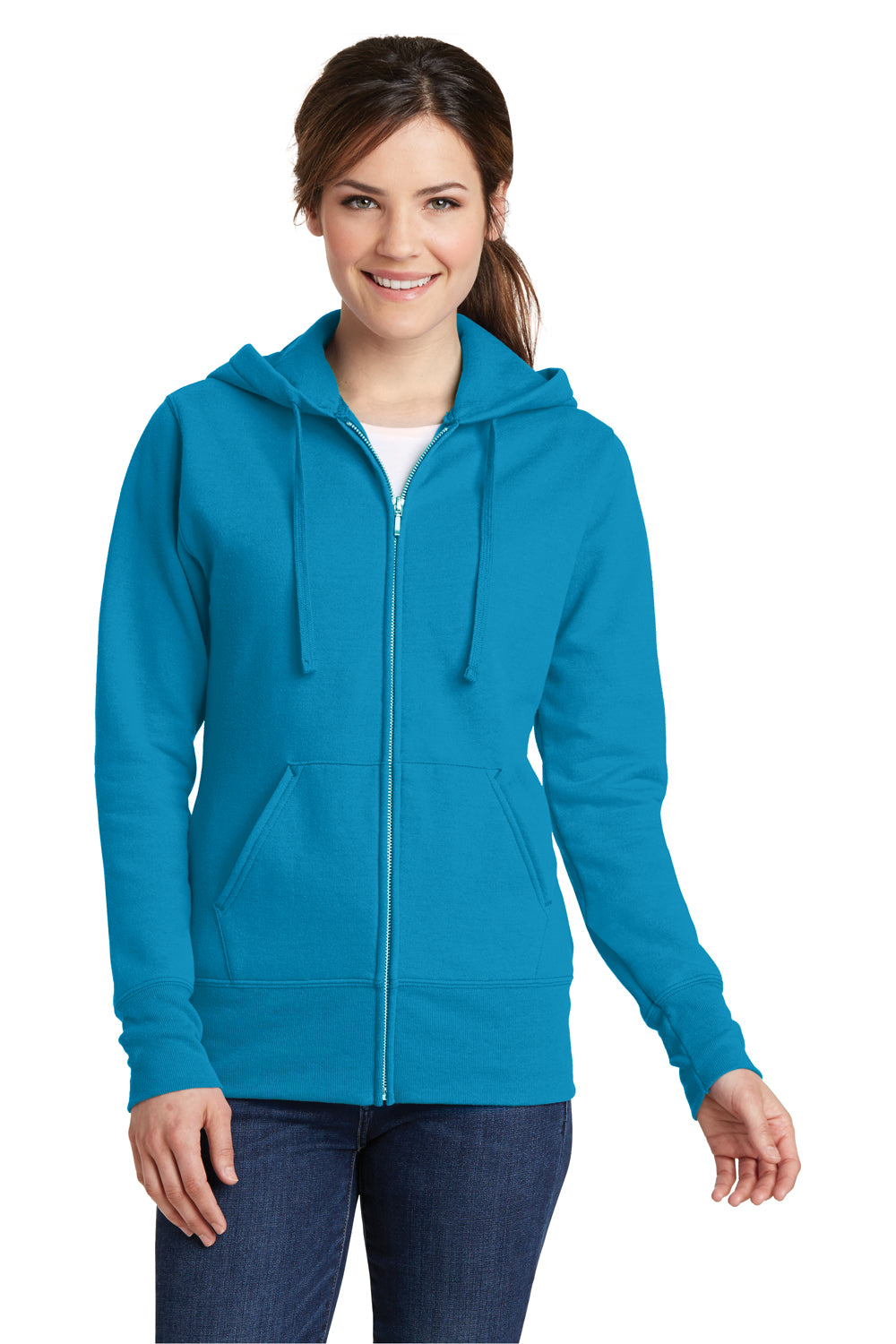 Port & Company LPC78ZH Womens Core Fleece Full Zip Hooded Sweatshirt Hoodie Neon Blue Front