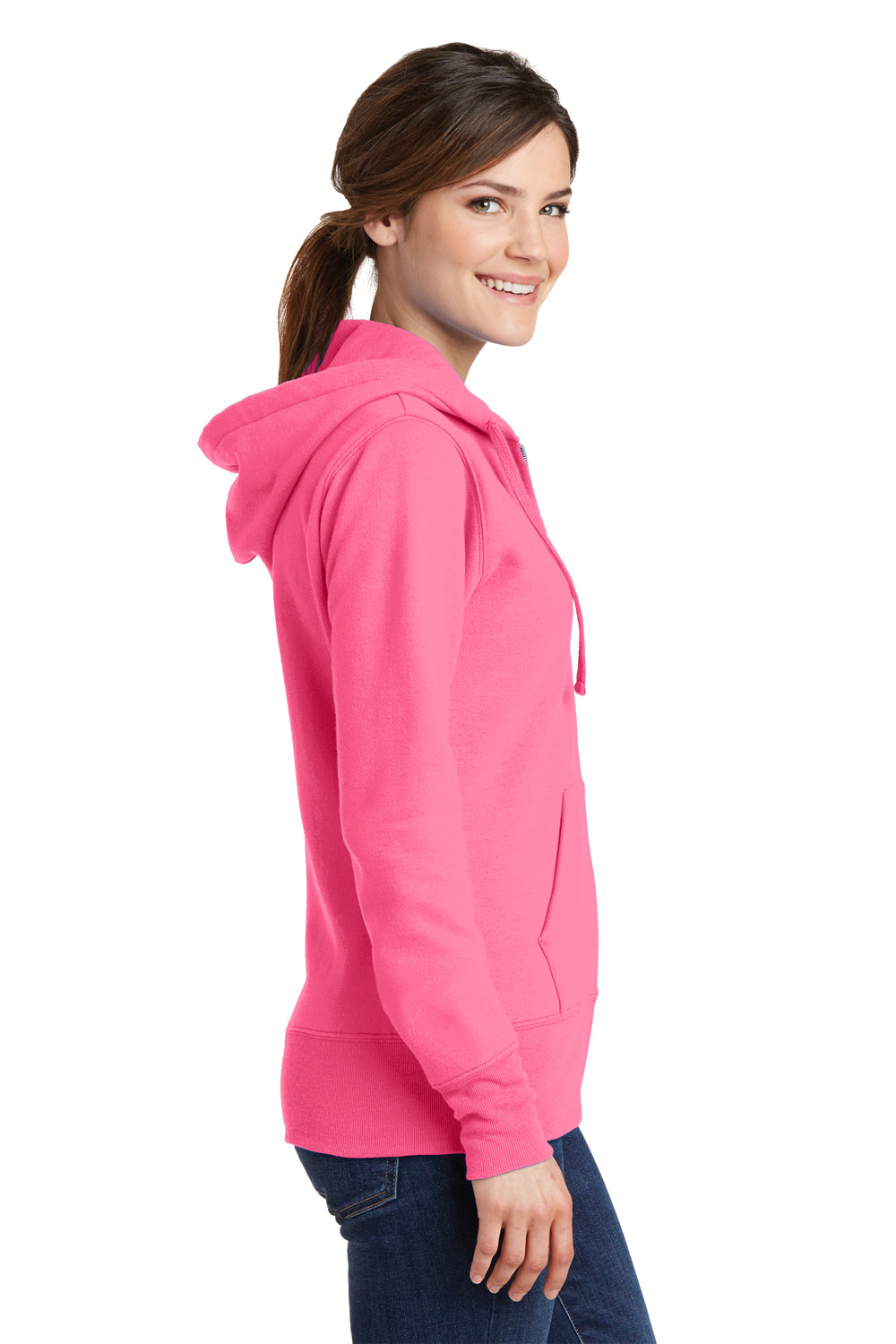 Port & Company LPC78ZH Womens Core Fleece Full Zip Hooded Sweatshirt Hoodie Neon Pink Side