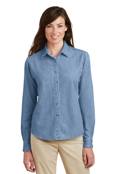 Port & Company LSP10 Womens Denim Long Sleeve Button Down Shirt Faded Blue Front