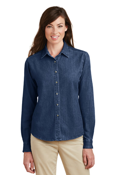 Port & Company LSP10 Womens Denim Long Sleeve Button Down Shirt Ink Blue Front