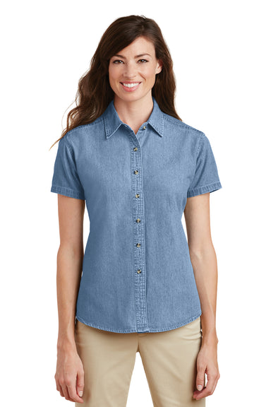 Port & Company LSP11 Womens Denim Short Sleeve Button Down Shirt Faded Blue Front