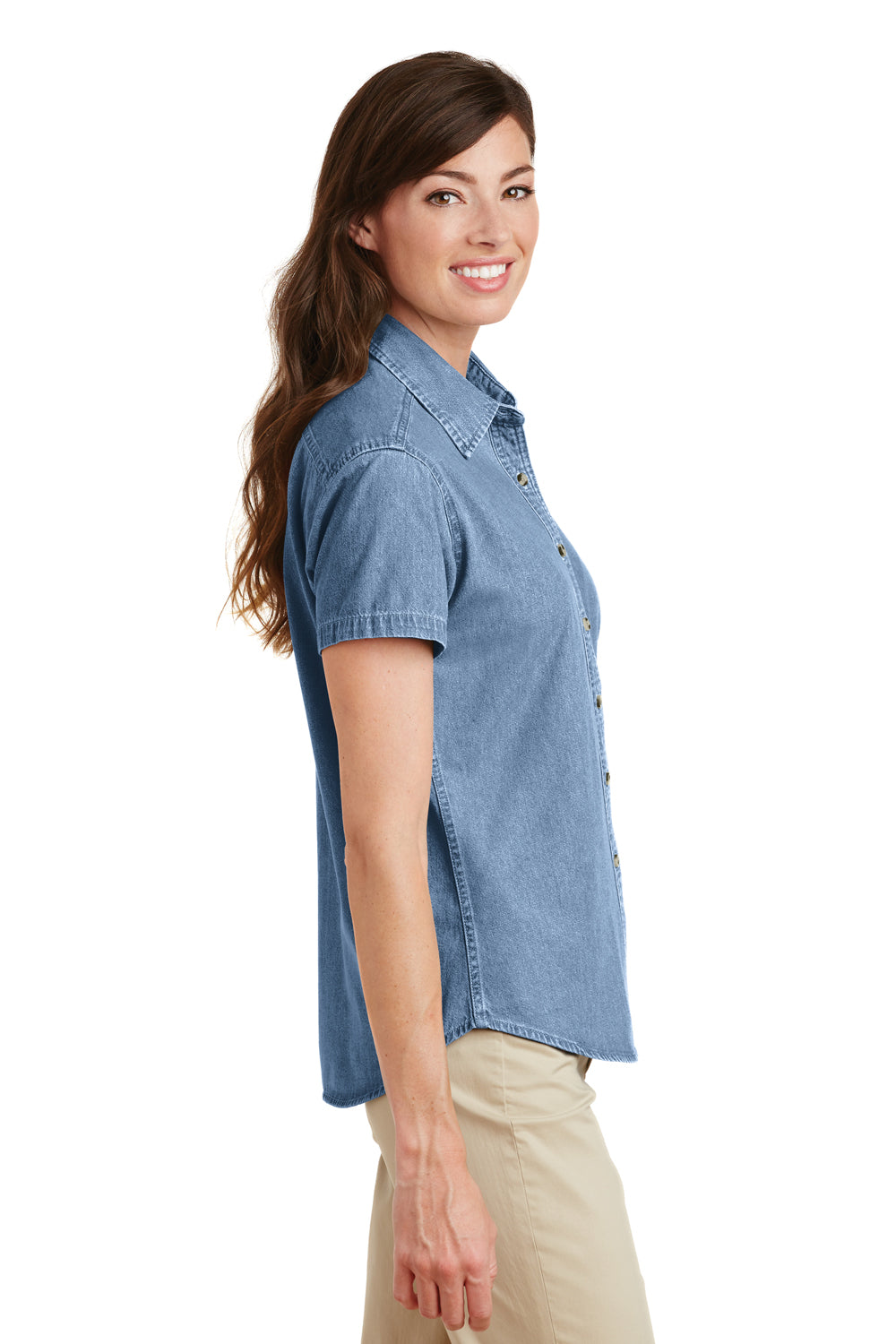 Port & Company LSP11 Womens Denim Short Sleeve Button Down Shirt Faded Blue Side