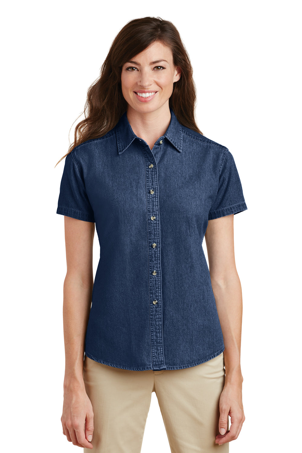 Port & Company LSP11 Womens Denim Short Sleeve Button Down Shirt Ink Blue Front
