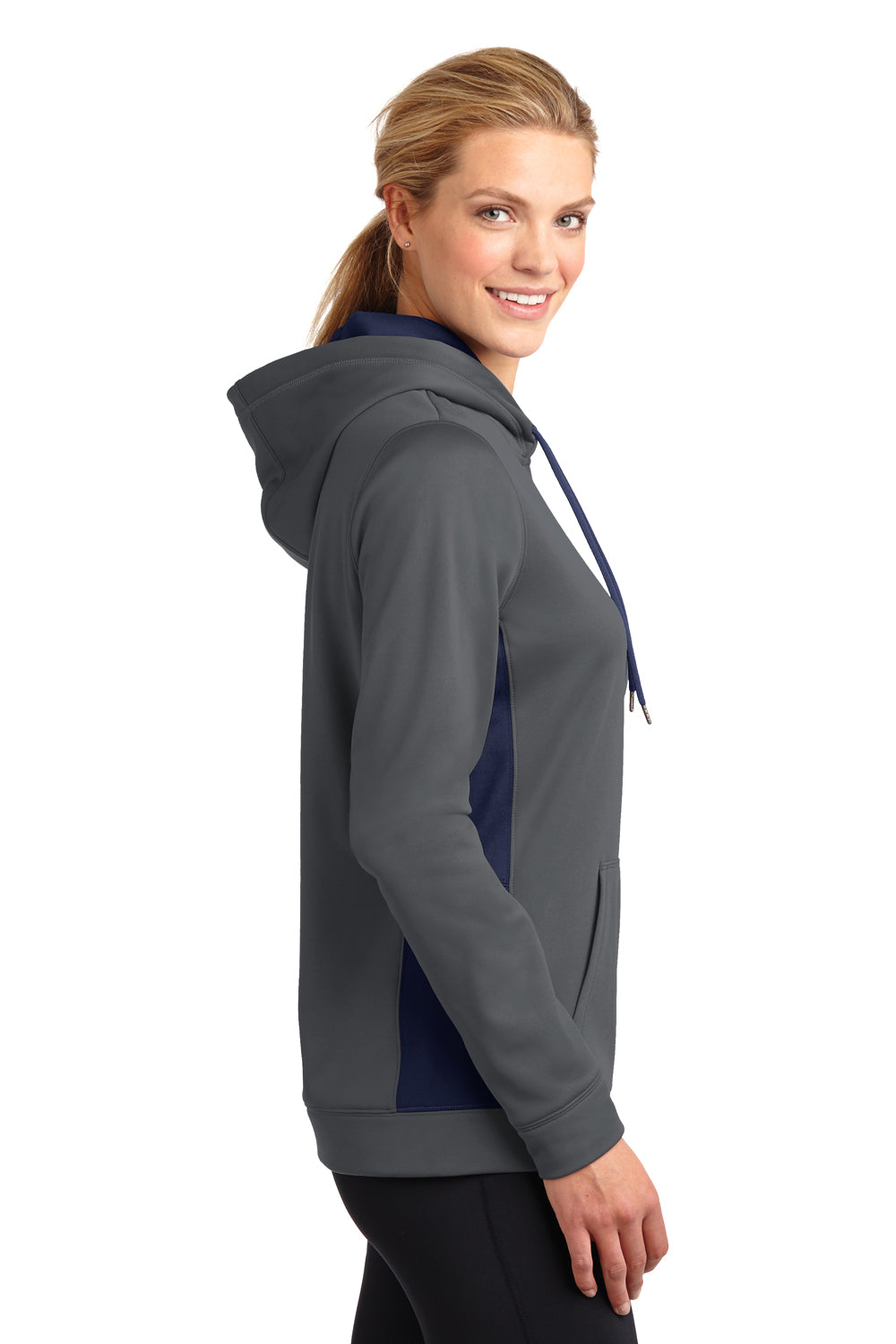 Sport-Tek LST235 Womens Sport-Wick Moisture Wicking Fleece Hooded Sweatshirt Hoodie Dark Grey/Navy Blue Side