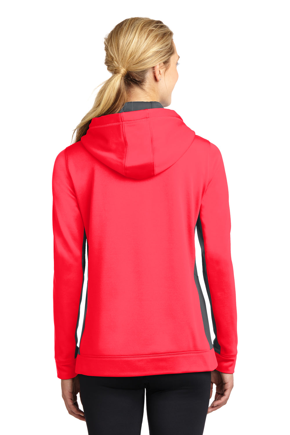 Sport-Tek LST235 Womens Sport-Wick Moisture Wicking Fleece Hooded Sweatshirt Hoodie Hot Coral Pink/Grey Back
