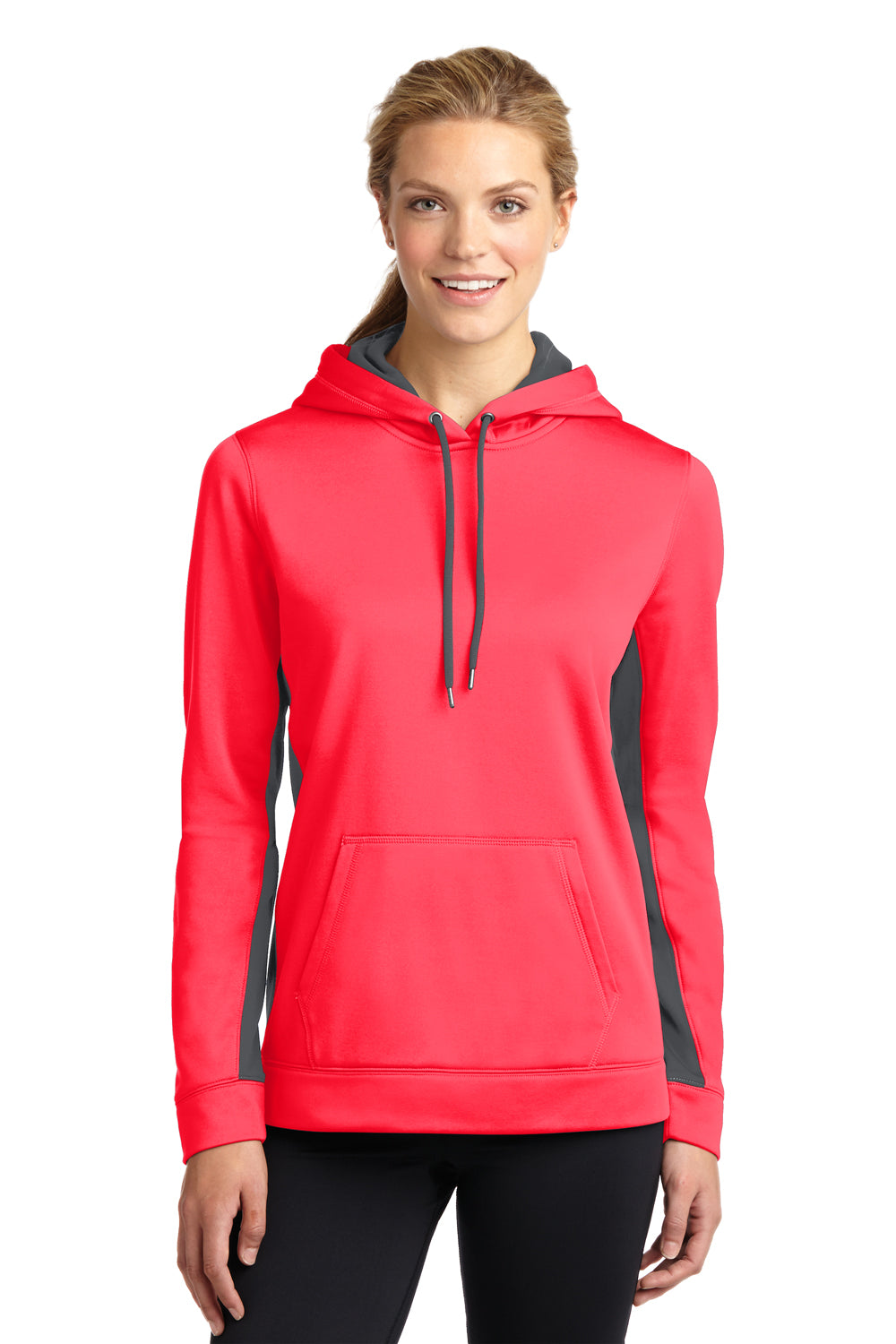 Sport-Tek LST235 Womens Sport-Wick Moisture Wicking Fleece Hooded Sweatshirt Hoodie Hot Coral Pink/Grey Front